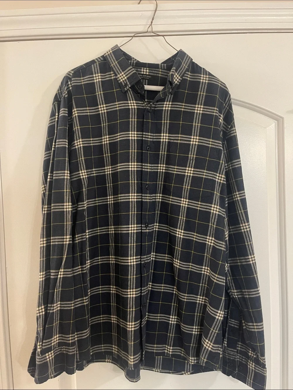 Banana Republic Navy Plaid Button-Down Flannel Shirt with White & Yellow Lines